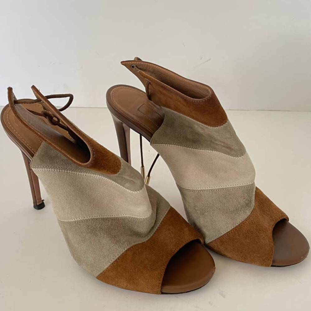Aquazzura Tan and Gray Rainbow 105 Color Block Stripe Suede Heels, Size 36.5 🔴 - Picture 3 of 8